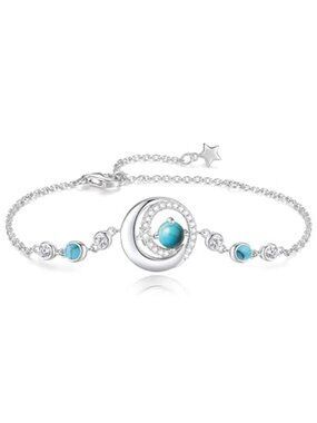 Sterling Silver Turquoise Bracelet Moon Star Birthstone Womens Adjustable Chain